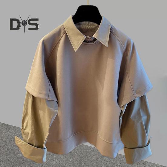 Pánská košile klopa dlouhý rukáv jednobarevná prošívaná falešný dvoudílný design pulovrové topy volný střih ležérní košile pracovní oděv