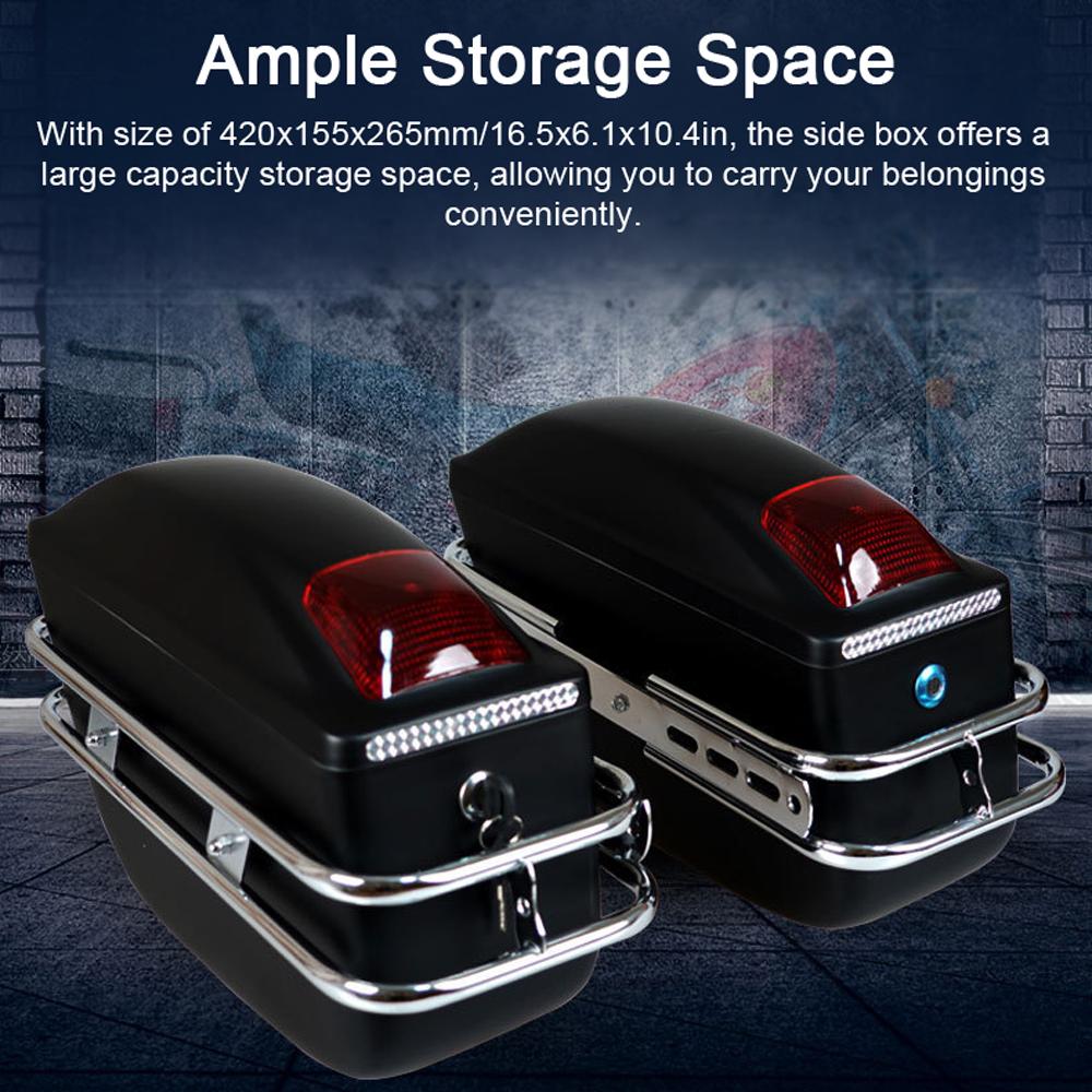 Motorcycle Hard Saddlebags Universal Side Storage Box Rear Trunk with Light & Lock, 1 Pair