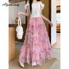 Korean Style Spring Summer Women Midi Ruffles Skirt Apricot Colorful Print Tiered Skirt Elegant Feminine Beading Party Princess Skirts Womens