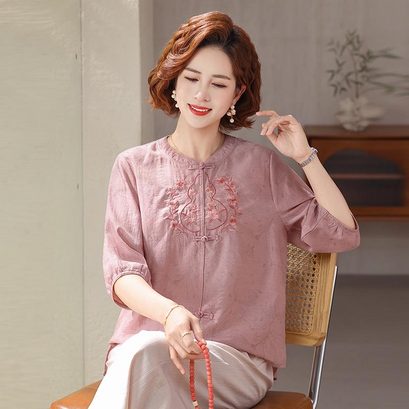 

Elegant Seven-Sleeve Chinese Style T-Shirt for Moms - Spring/Summer Fashion for Middle-Aged and Elderly Women L (for 80-100 lbs) рожевий