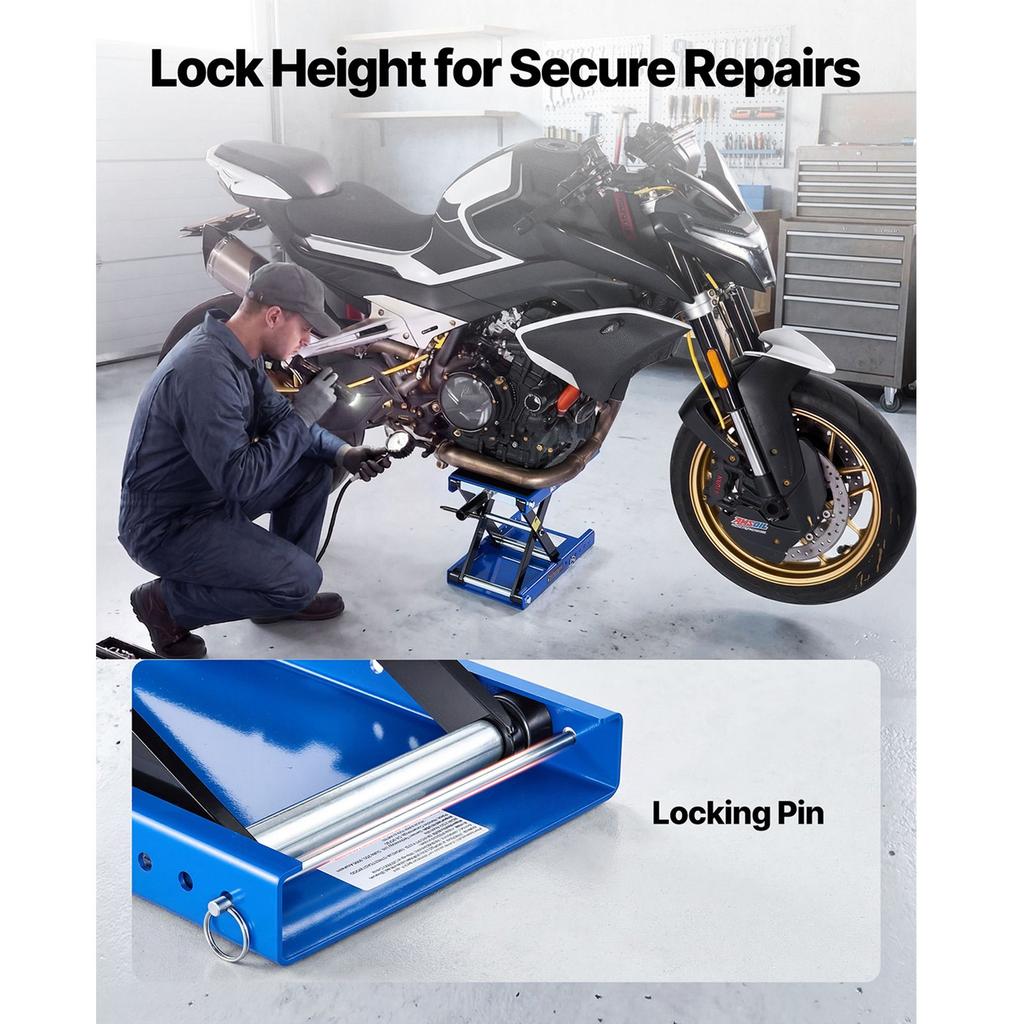 VEVOR Motorcycle Lift, 499 Kg Motorcycle Scissor Lift Jack with Wide Deck & Locking Pin, 95-340 Mm Center Hoist Crank Stand