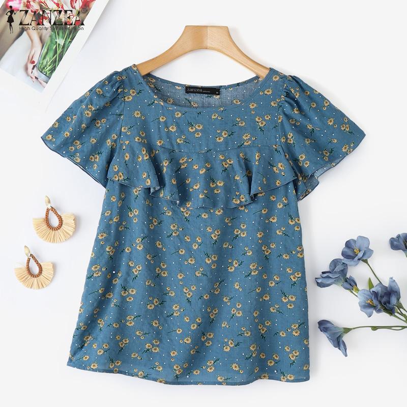 ZANZEA Kobiety Casual Falbany Okrągły Dekolt Krótki Rękaw Bluzka z Nadrukiem Kwiatowym