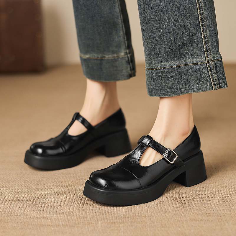 Krazing Pot Microfiber Round Toe Chunky Heels Spring Summer Shoes Big Size 43 Size 33 Women Buckle Straps Platform Pumps