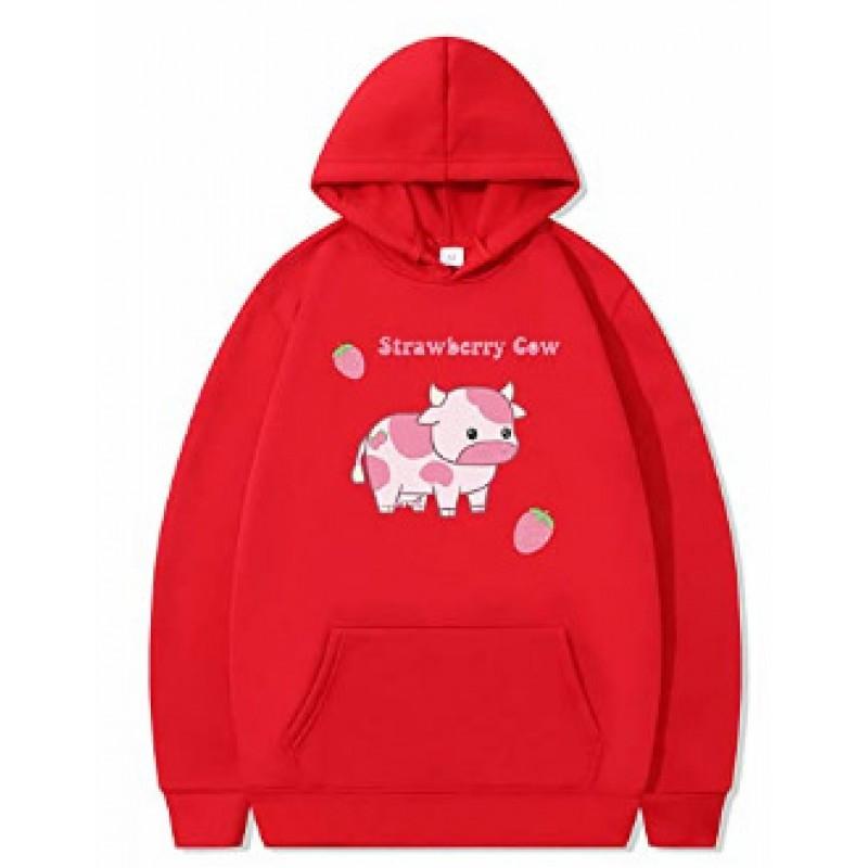 Womens Strawberry Milk Print Hoodie Long Sleeve Cute Harajuku Style Loose Fit Sweatshirt