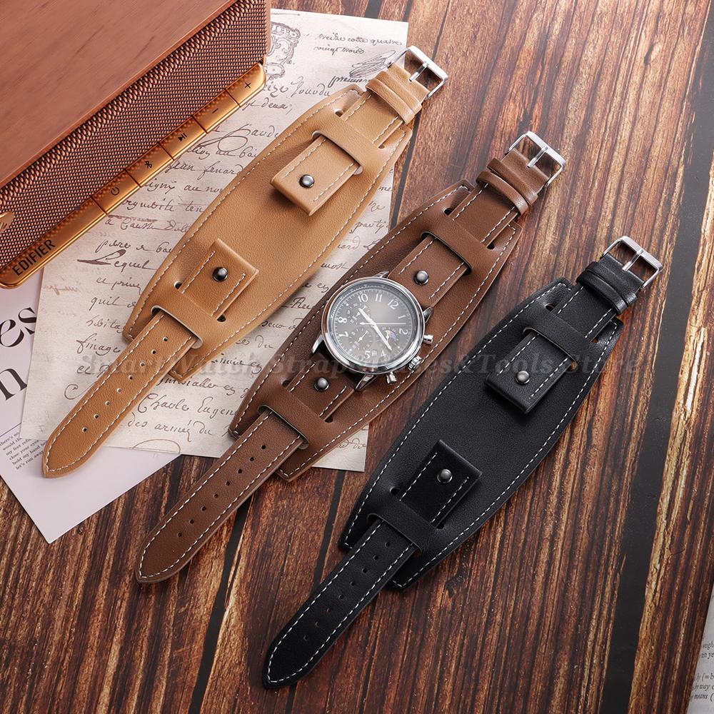 20/22/24mm Bund Strap Men's Vintage Cowhide Cuff Watch Band Pin Buckle Bracelets Deep Brown Black Light Brown Color Watch Strap