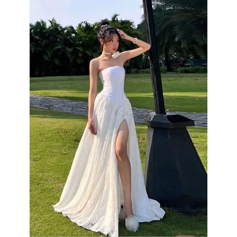 # Sisjuly# Romantic Pure Bridal Jacquard Lace Dark Pattern Patchwork Big Hemline Split Tube Top Dress Women Summer