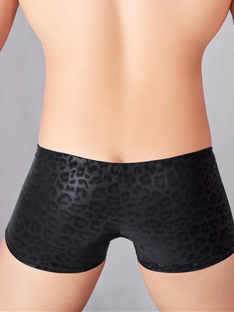 Sexy Men Pu Boxer Panties Fashion Faux Leather Lingerie Low Waisted Underwear Man Clothing Leopard Underpants Allure Panties