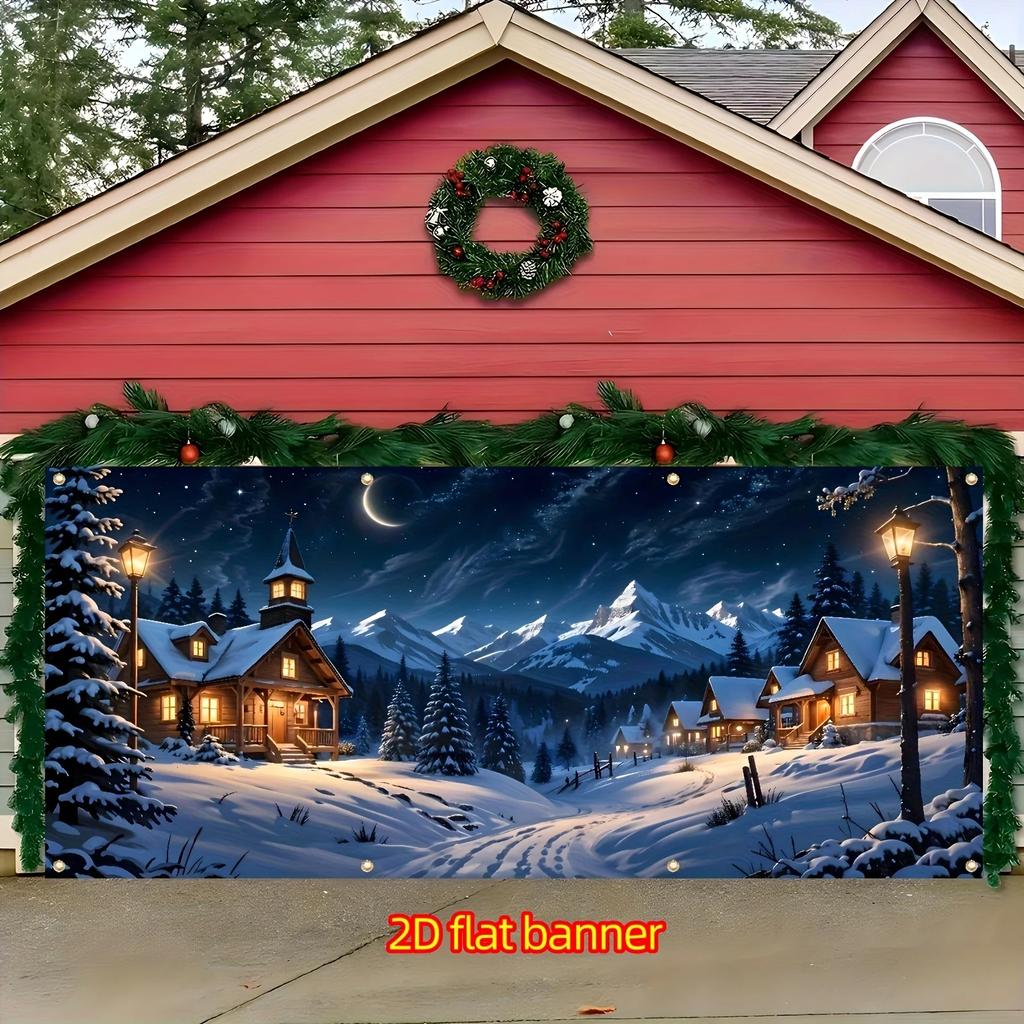 1 large Christmas garage backdrop depicting a winter mountain landscape a small cabin and a Christmas tree