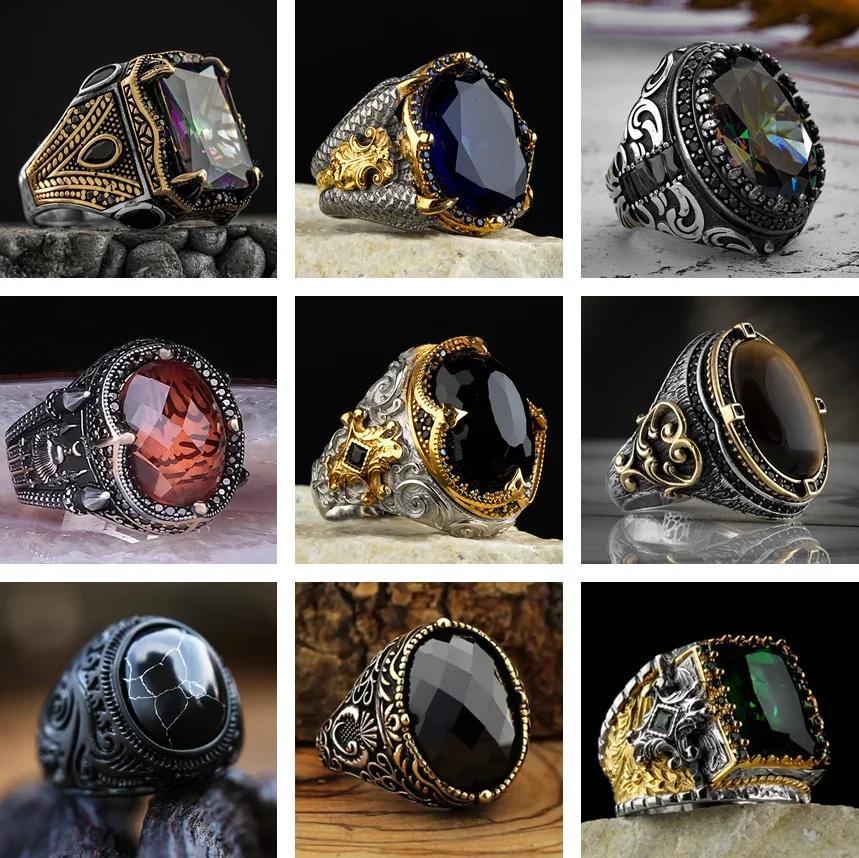 New Copper Material Open Adjustable Ring Amber Zircon Personality High Zircon Fashion Luxury Business Men's High-end Ring