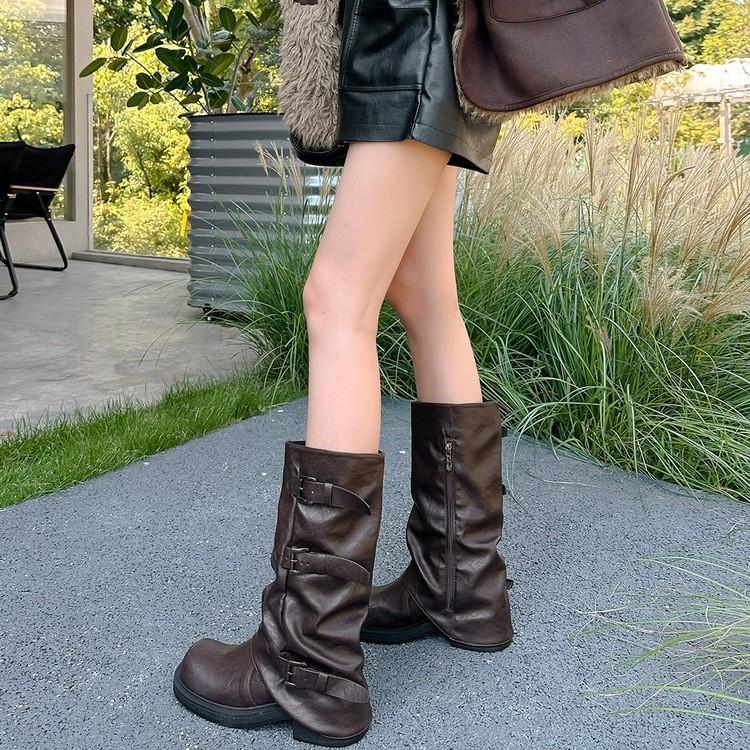 Leather version! Maillard mid-tube Martin boots women's retro British inner height-increasing thick heel pleated stacked pants tube short boots