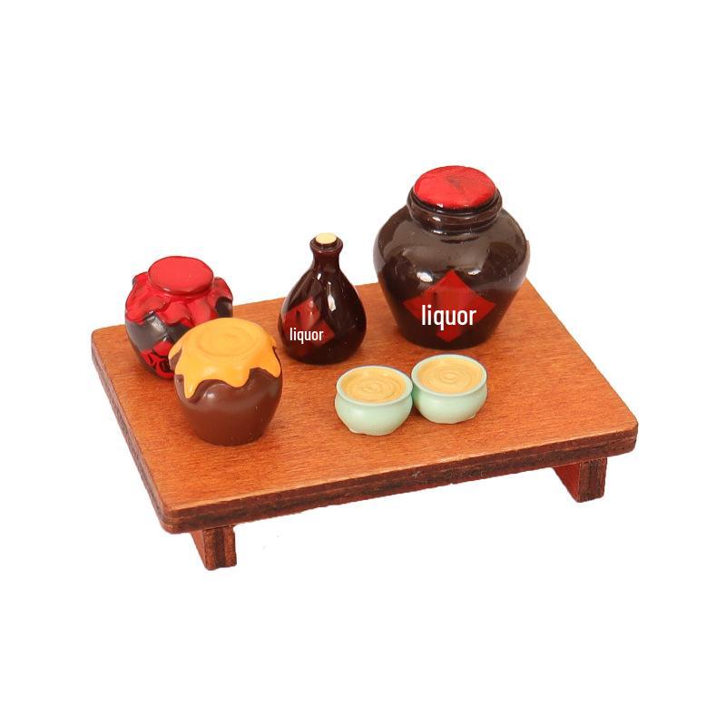 Mini OB11 Retro Wine Jar & Bowl with Wooden Table Dollhouse Accessory