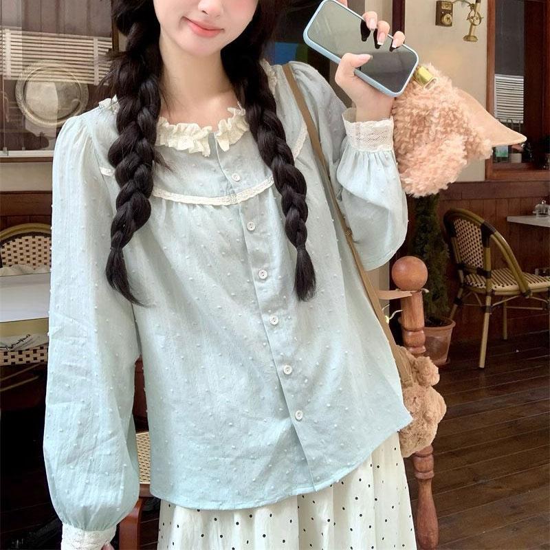 Spring Autumn Sweet Shirt French Lace Spliced Women's Polka Dot Chic Single-breasted Commute Long Sleeve Blouse
