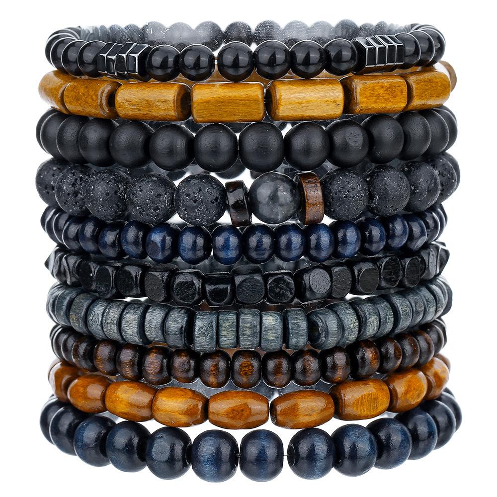 Men's Retro Hip Hop Black Agate Beaded Bracelet Set