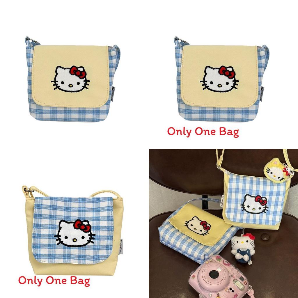 Hello Kitty Fashion Crossbody Bag With Plaid Pattern And Nylon Material For Women