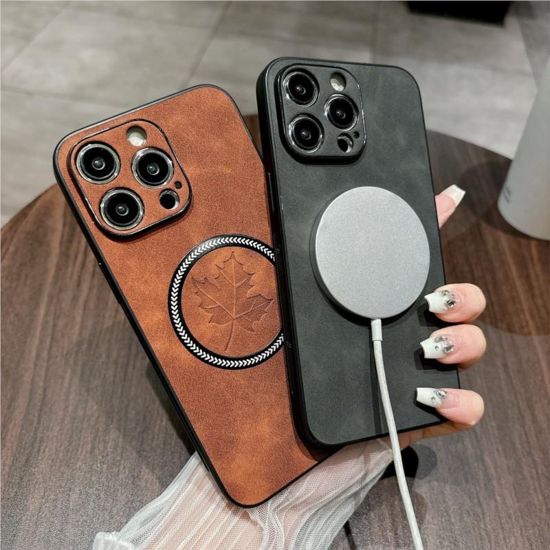 Luxury For Magsafe Wireless Charge Leather Case for iPhone 15 14 Plus 13 12 11 Pro X XR Xs Max Maple Leaf Pattern Magnetic Cover