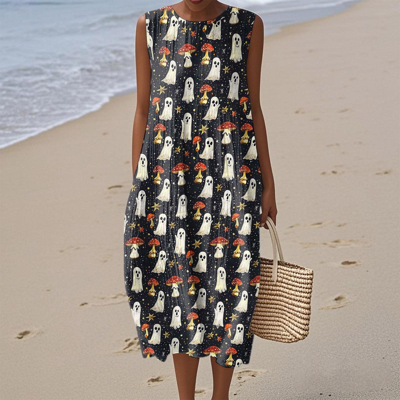 

Женское модное повседневное платье без рукавов с круглым вырезом и молнией, с принтом на Хэллоуин, элегантное и темпераментное XL