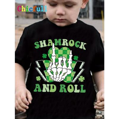 Tailles européennes Enfants St. Festival du Chapeau Vert de la Saint-Patrick TX70131 Garçons SHAMROCK AND ROLL Feuille Verte Empreinte Digitale Décontracté Col Rond Polyvalent T-Shirt