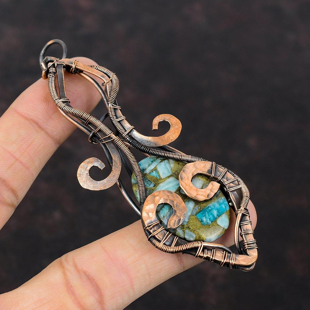 Copper Amazonite Pendant Copper Wire Wrapped Jewelry Gemstone Pendant Handmade Copper Pendant Antique Jewelry Wire Wrapped Pendant For Gift