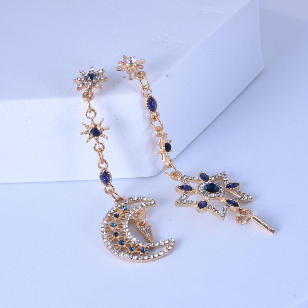 Charm Luxury Geometric Hollowout Blue Crystal Sun Star Moon Long Dangle Earrings for Women Korean Designer Earrings Jewelry Gift