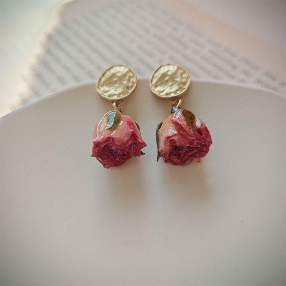 Elegant Rose Flower Ear Clip Korean Style Sweet Earrings Aesthetic Preserved Rose Earrings  Women