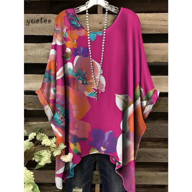 Camiseta para Mujer Estampado Floral Colorido Cuello Redondo Top Dobladillo Irregular Manga Corta Talla Grande Ropa para Mujer Casual al Aire Libre