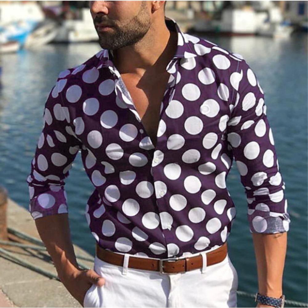 Camisas de Manga Larga con Estampado de Lunares para Hombre Cárdigan Casual Botón Nuevo Moda Festiva Camisas