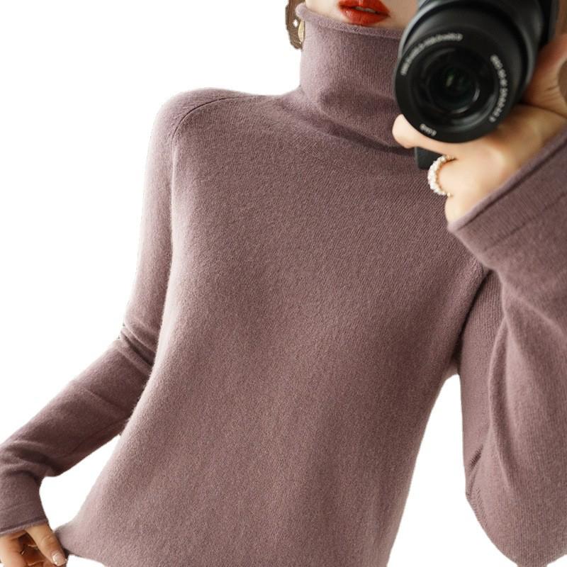 Women's High Neck Knit Sweater: Long Sleeve, Solid Color, Loose Fit, Stylish Autumn/Winter Base Layer