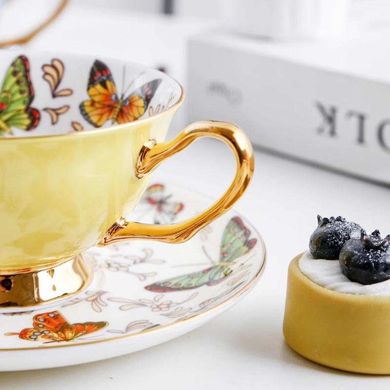 220ML, Fine Bone China Tea Cup Set With Saucer, Colorful Butterfly Design Tasse a Cafe Ceramic Cup, Espresso Coffee Cup Saucer.