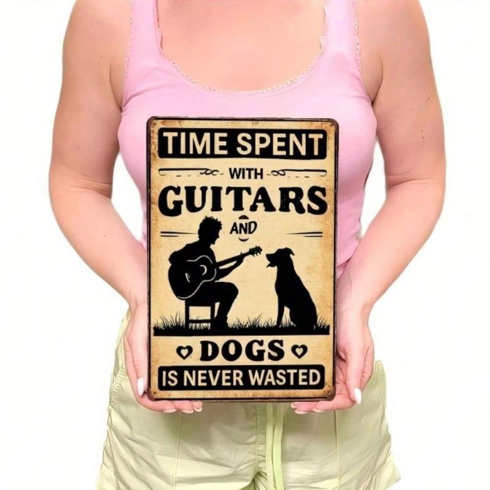 Vintage Guitar and Dog Metal Poster for Musician Gift