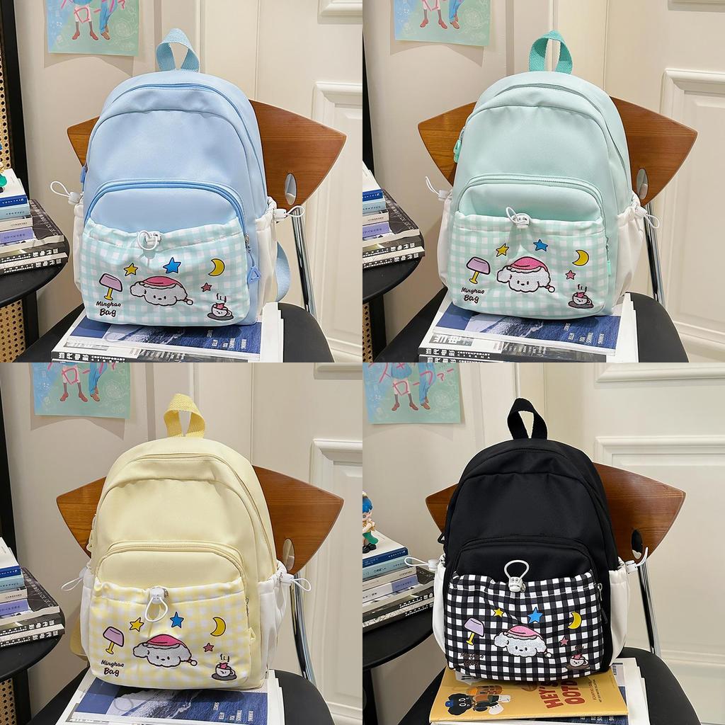 Casual Student Backpack With Dog Star Moon Desk Lamp Checkered Pattern For Girls Travel And School