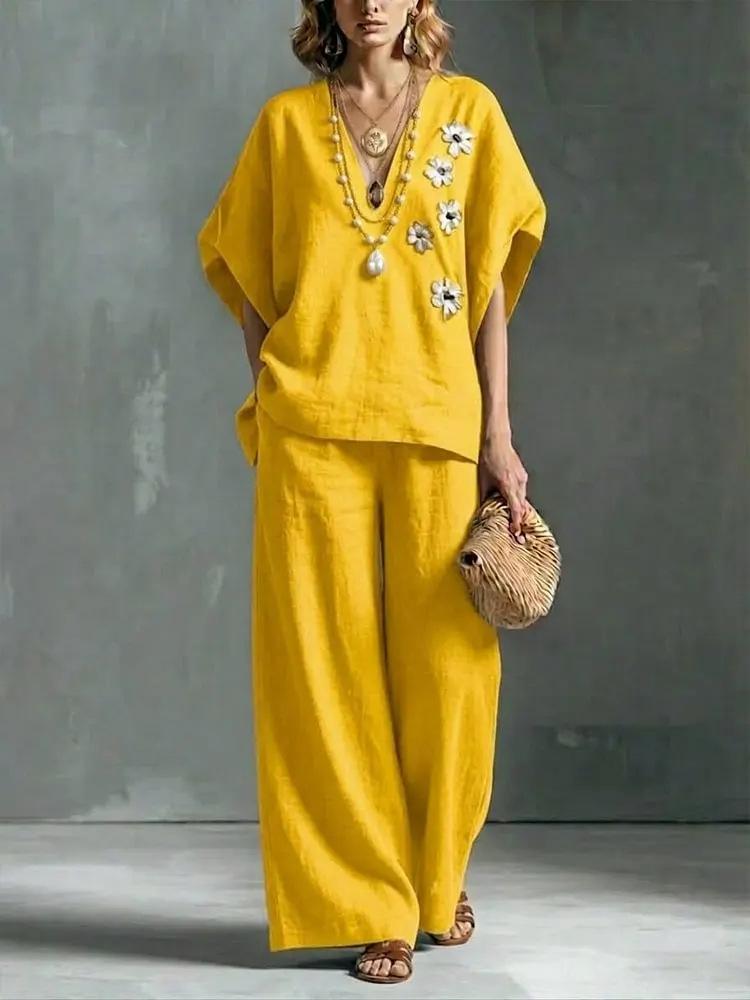 2026 new cross-border foreign trade ladies 2-piece set large size cotton and linen casual suit high waist loose trousers