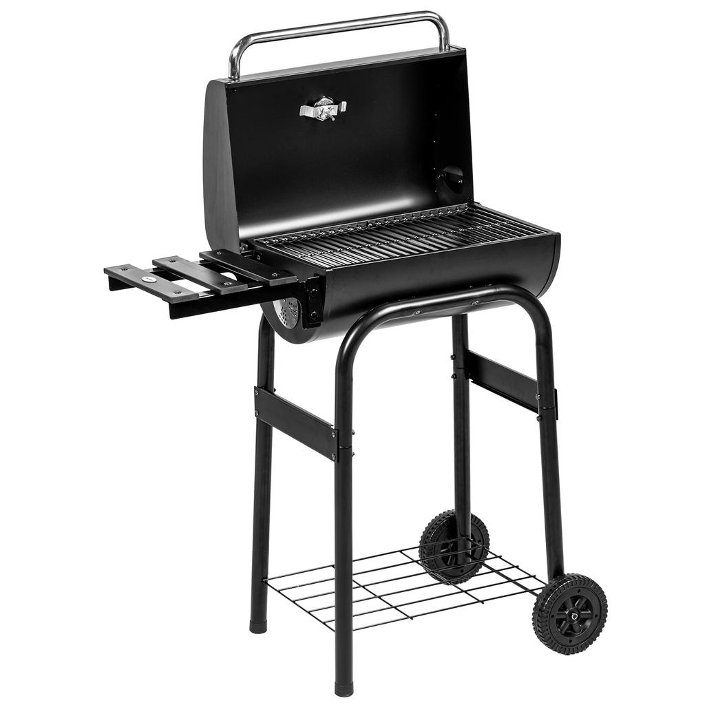 Charcoal Barbecue, BBQ Trolley with Shelves, Wheels, Lid, Thermometer, Chimney, In Metal, Black