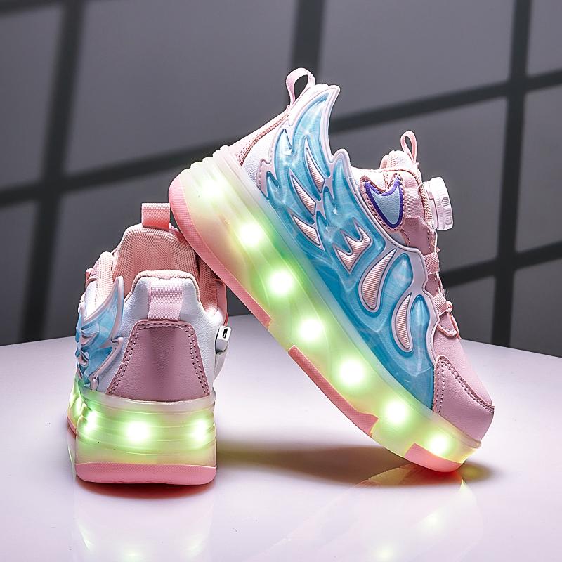 28-37 Children's Four-wheel Disassembly Into Flat Sports Shoes LED Illuminated Children's Illuminated Sports Shoes
