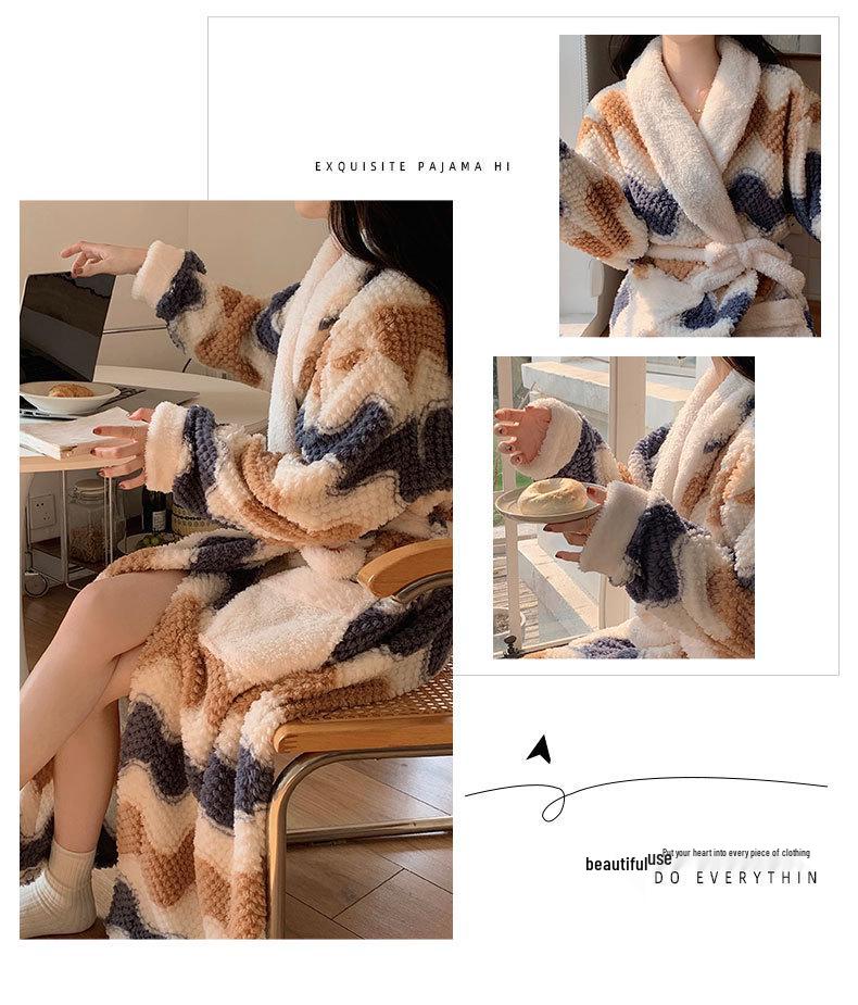 Autumn/Winter Women's Coral Fleece Bathrobe: V-neck, Belted, Long Sleeves, Mid-length, Sweet Style, Warm Homewear.