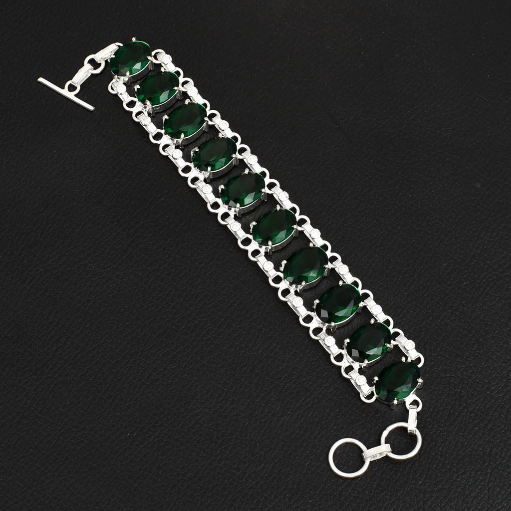 Green Quartz Oval Gemstone Bracelet for Women 925 Sterling Silver Plated Adjustable Statement Jewelry Gift