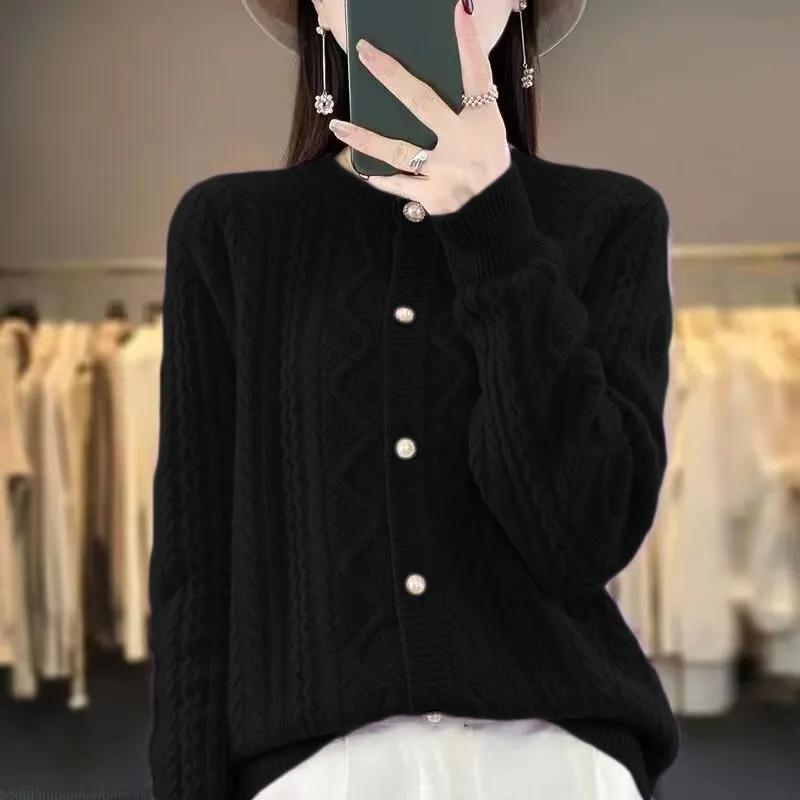 Cardigan da Donna Autunno/Inverno a Girocollo Manica Lunga in Maglia Colore Solido Tono Morbido con Bottoni sul Davanti