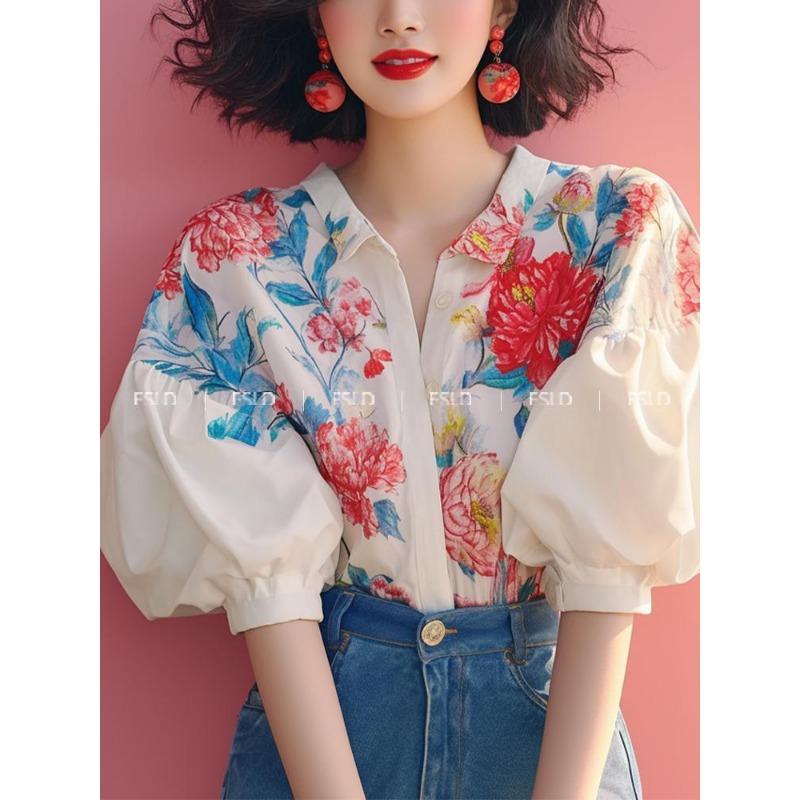 

Летняя новая рубашка с цветочным принтом, женская блузка-кардиган с рукавами-фонариками, женский элегантный универсальный топ на пуговицах 3XL
