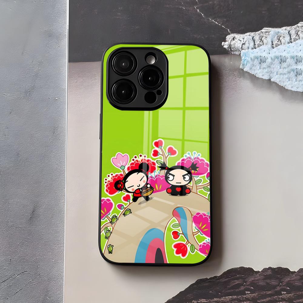 

Fashion Cute Cartoon Pucca Phone Case For IPhone 17 Air 16 E Pro Max 15 14 13 Mini 12 Pro 11 Max Plus Black Glass Cover iPhone 12ProMax