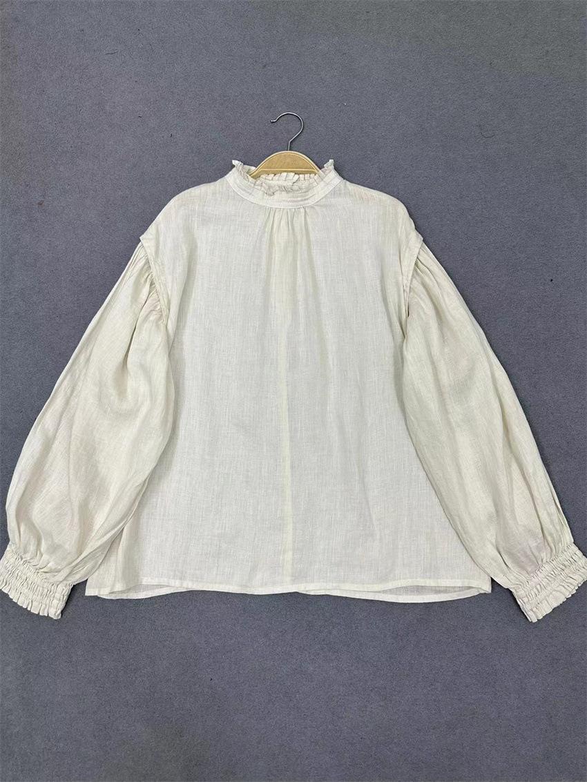 

Johnature Wood Ear Collar Casual Shirt Spring Autumn Pullover Lantern Sleeve Shirt For Women Blouses One Size бежевый