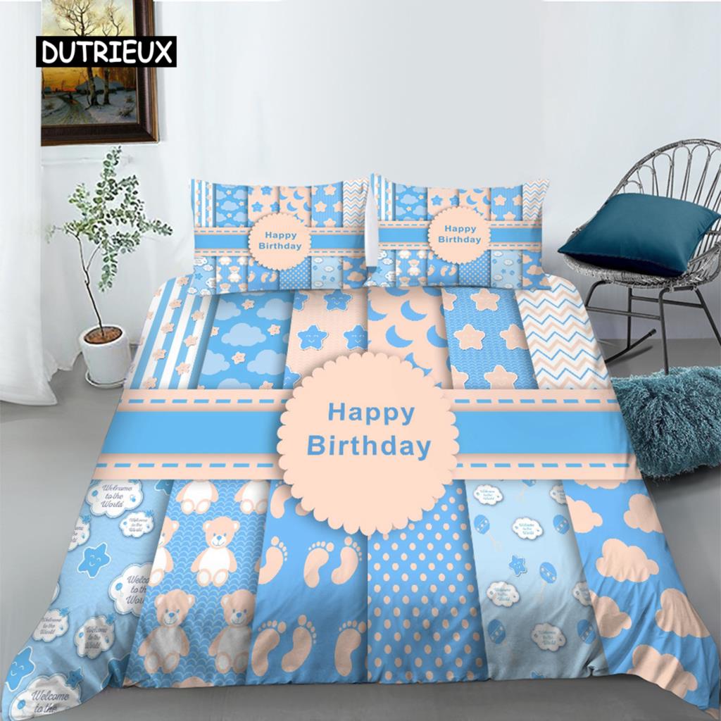 Cartoon Animal Happy Birthday King Queen Duvet Cover Cute Lion Bedding Set Kids Boys Girls Elephant 2/3pcs Polyester Quilt Cover