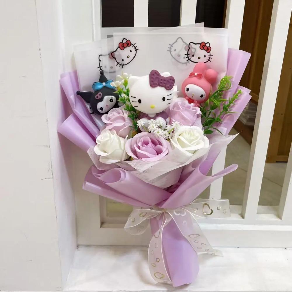 Bambole Gatto Kawaii Hello Kitty con Fiori Artificiali Bouquet Creativo Regali di Natale San Valentino Compleanno Laurea
