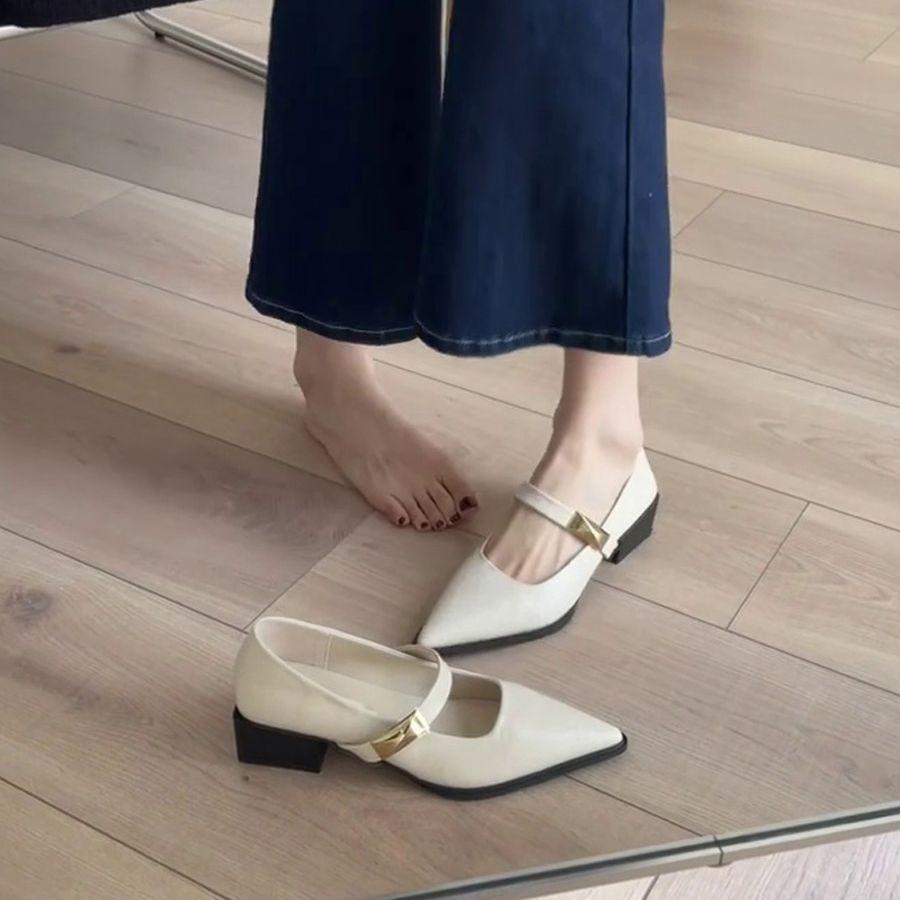 Französische spitz zulaufende Temperament-Mary-Jane-Schuhe mit dickem Absatz mit einem Wort, absolut vielseitige Pendler-Grünlicht-Mund-Einzelschuhe, Damen