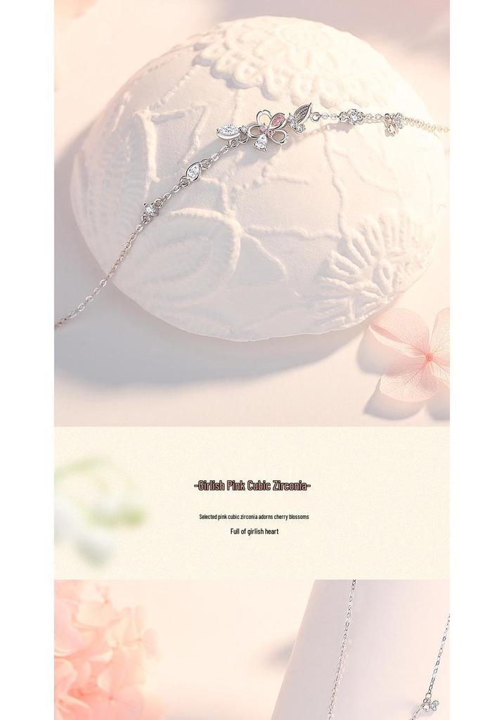 S925 Sterling Silver Cherry Blossom & Butterfly Bracelet for Women - Light Luxury Pink Series - Romantic Holiday Gift