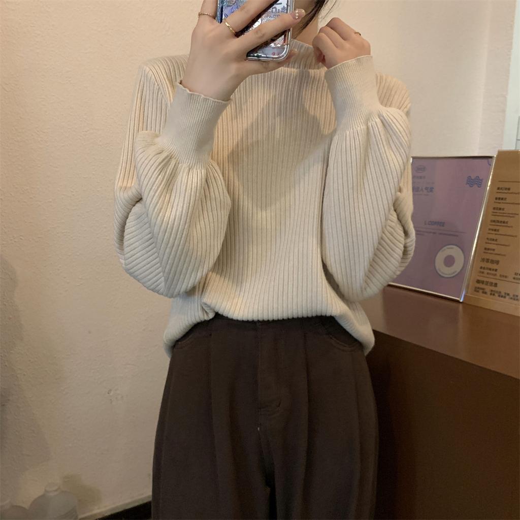 Semi-turtleneck lazy loose bottomed sweater women's autumn and winter interior chic lantern sleeve knitted top