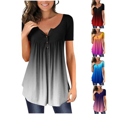 Kurzarm-T-Shirt-Oberteil für Damen mit V-Ausschnitt und Farbverlaufsdruck und Knöpfen und Blumen