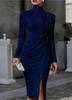 High Neck Pleated Long Sleeve Slim Fit Hip Wrap Dress Split Ends and Thin Temperament Women's Dress