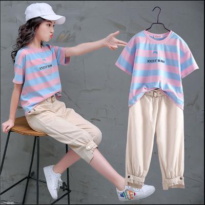 Set di Abbigliamento per Bambine Estate Moda Sportiva Magliette a Maniche Corte a Righe + Pantaloni Tuta 2 Pezzi Abbigliamento Bambini Teen 6 8 10 12 Anni