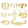 Assorted Open Cuff Bracelet Set, 8 Metal Arm and Wrist Accessories with Mixed Leaf, Wire and Chain Design Details
