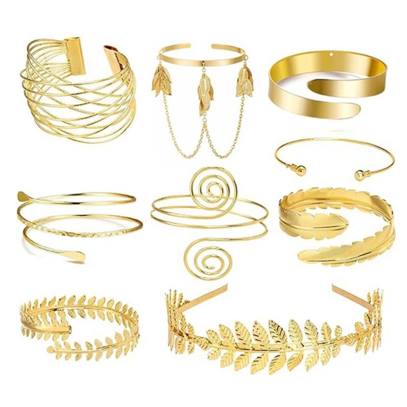 Assorted Open Cuff Bracelet Set, 8 Metal Arm and Wrist Accessories with Mixed Leaf, Wire and Chain Design Details