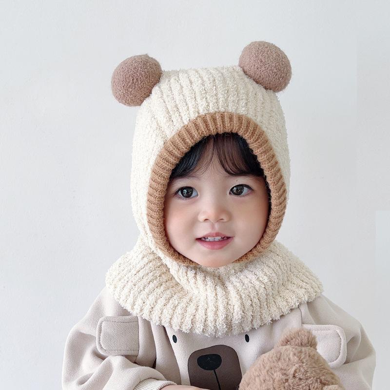 Children's hat and scarf integrated autumn and winter baby windproof and warm plush hat cute double ball boys and girls ear hat
